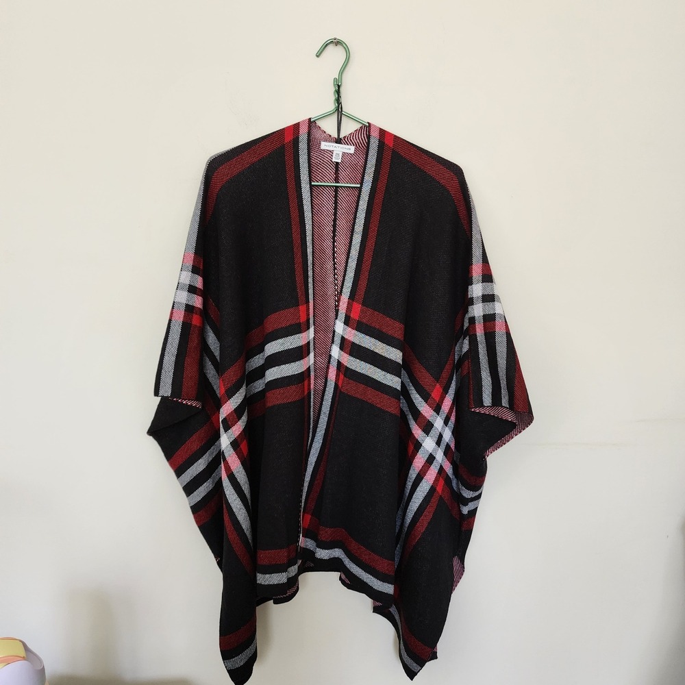 Notations Womens Plaid Open Front Poncho Sweater Black Red One Size